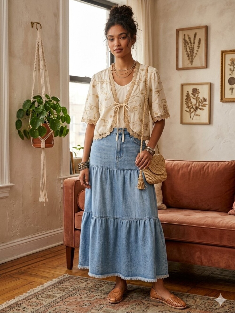 Alice Blue | Boho Lace Tie-Front Embroidered Top